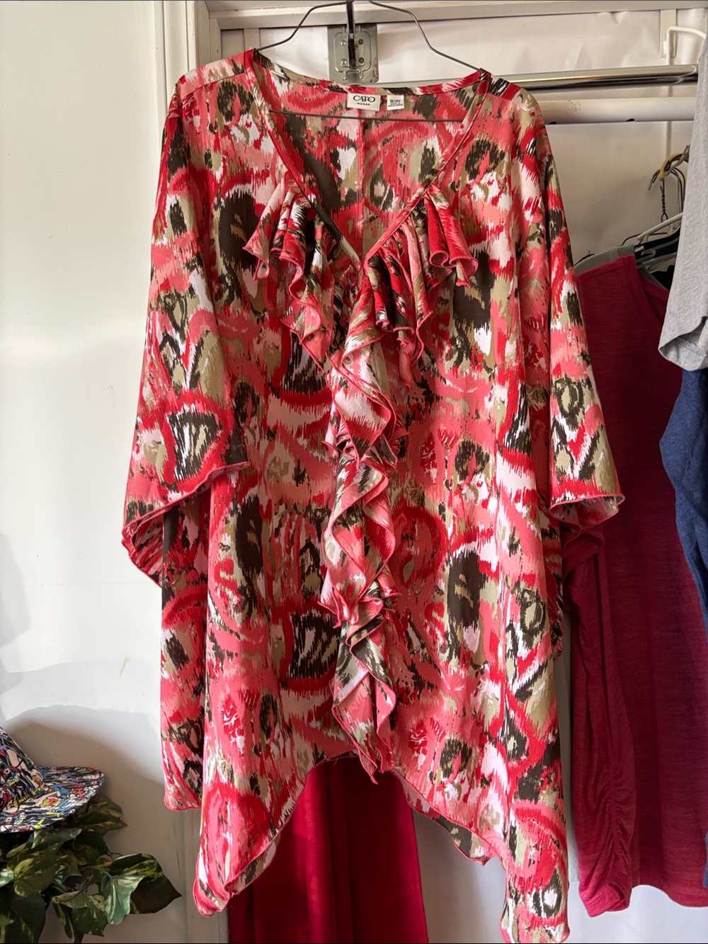 Cato Pink Red and Brown Ruffled V-Neck Blouse